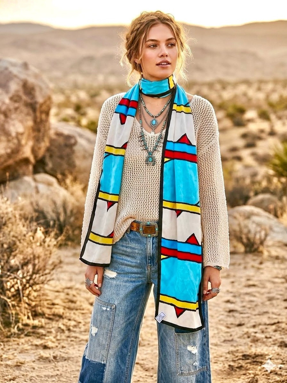 Striking SILK scarf/wrap w modern century retro YTK southwestern vibe
